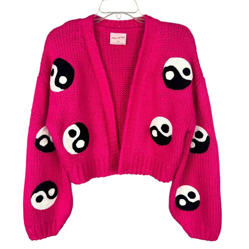 Free People Mure Grand Pink Yin Yang Embroidered Long Sleeve Open Front Cardigan - Picture 2 of 7